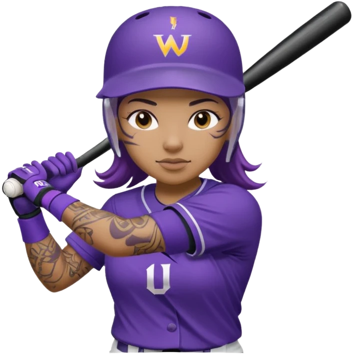 WCU Softball player in purple uniform batting with a full arm sleeve tattoo on left arm emoji