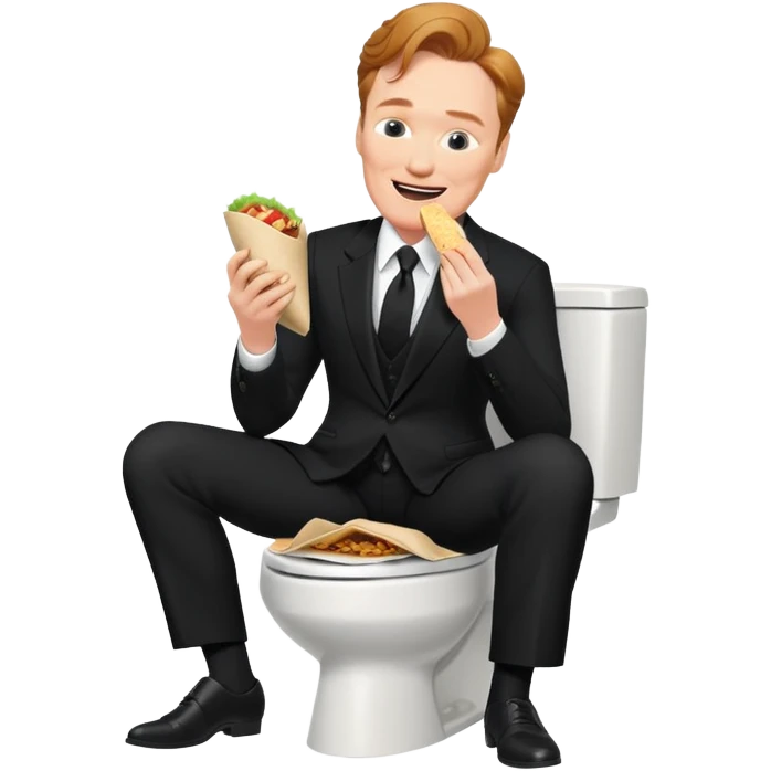 happy conan obrien in a black suit eating a burrito while sitting on a toilet emoji