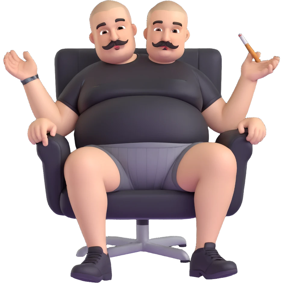 Big man relaxing in chair, legs spread wide, holding cigarette, round face, buzzcut, short beard and mustache, black t-shirt with light stripes at top, exposed belly, black shorts, arms covered in tattoos emoji