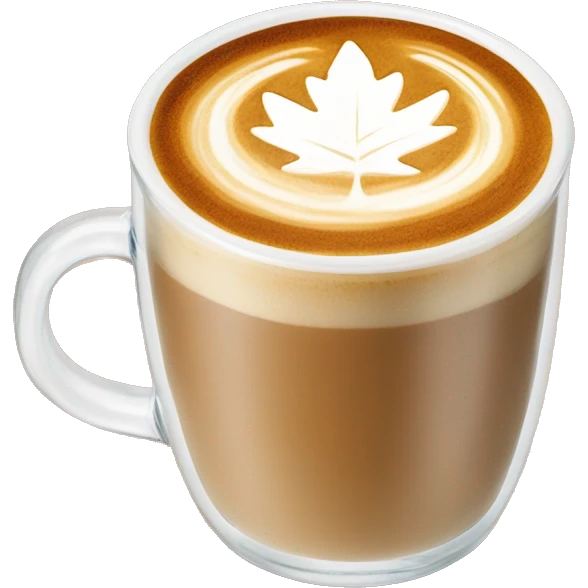 A latte in a clear glass mug with a leaf-shaped latte art design emoji