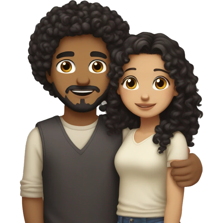 girl with light skin, hazel eyes and black hair hugging a boy with medium curly hair that is light brown and a tiny mustache and goatee emoji