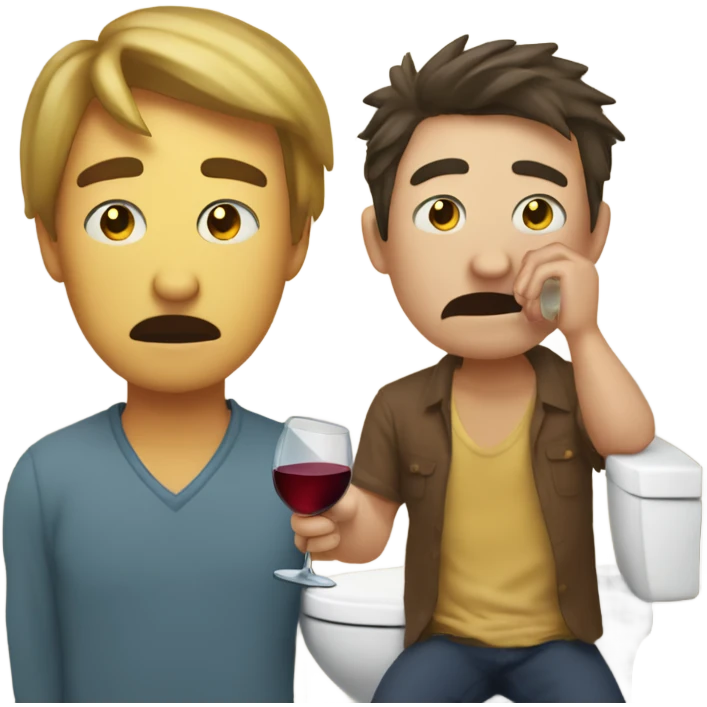 Man crying while holding a wine glass while his friend is on the toilet next to him emoji