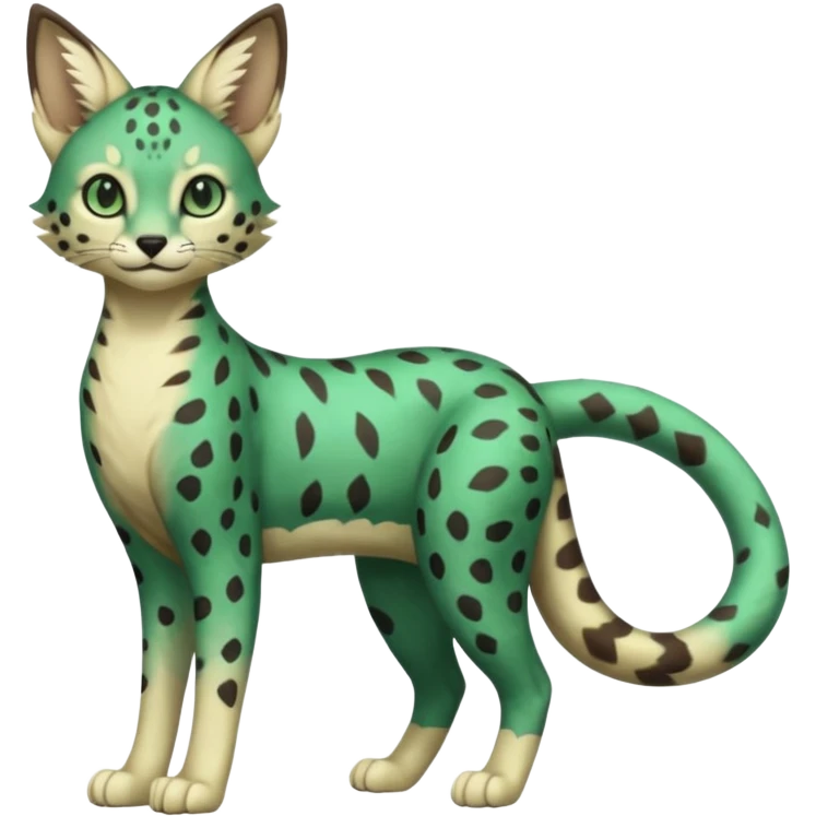 Epic complex detailed dark-emerald-green dark-brown beige pastel realistic aesthetic-scenic-Fakémon-Sprigatito-Floragato-Meowscarada-Trico-Sergal-Serval-Vernid-creature (full body) emoji