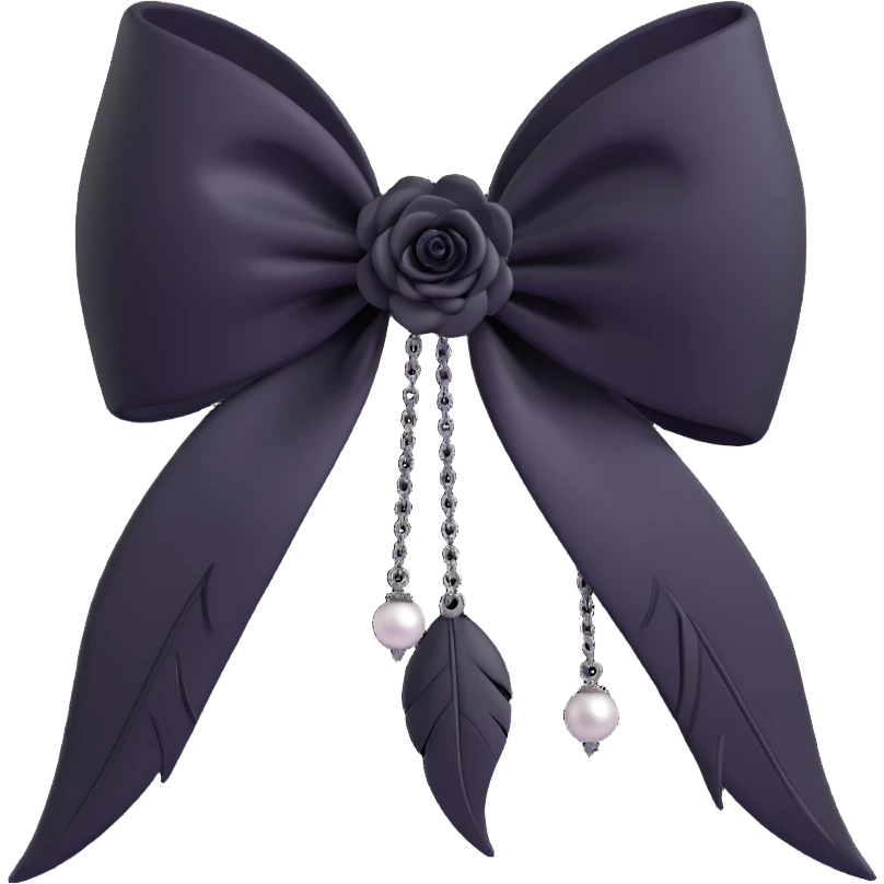 3D emoji gothic bow, white velvet, silver chain, black rose center, black feather accents, dark pearl details emoji