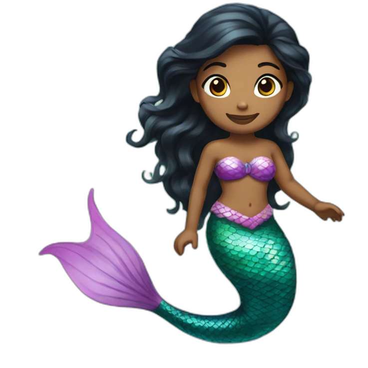 a mermaid with brown skin, black hair, and a colourful tail. emoji