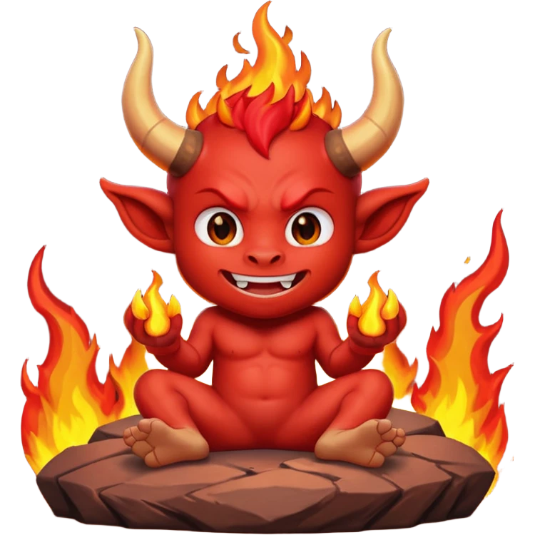 a Red devil, short horn Chibi red demon sitting on fire rock emoji