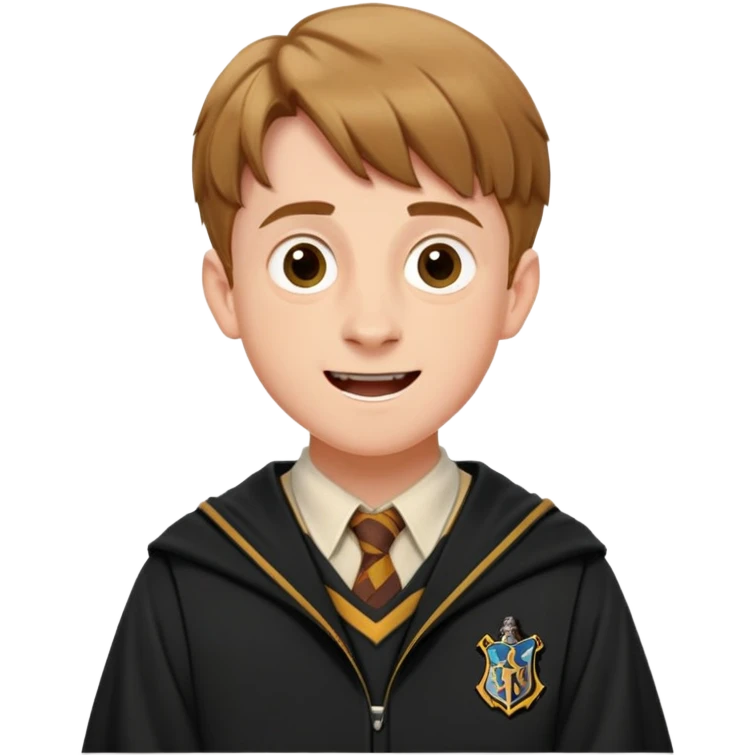 Hugh Mitchell is Colin Creevey in harry potter, wear hogwarts uniform,  Short light brown hair, small and skinny, wide mouth, with a perpetual look of excitement on his face. emoji