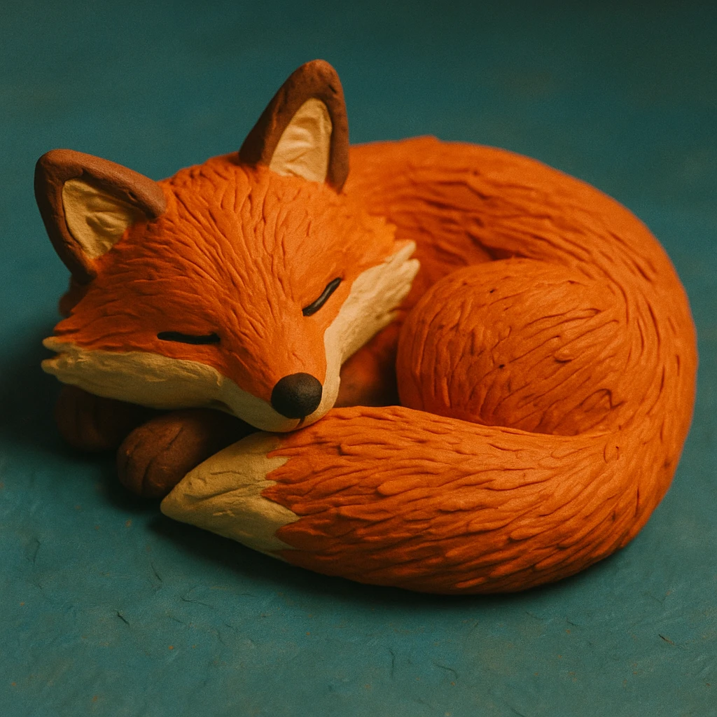 fox curled up sleeping, soft lighting, vibrant colors, detailed fur, claymation style emoji