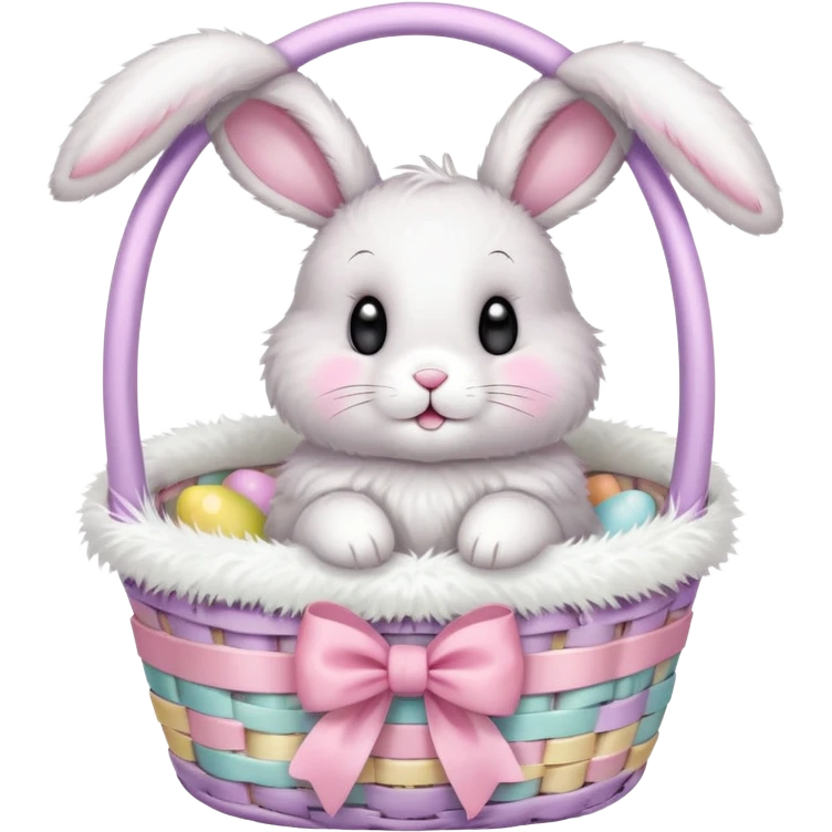 Floppy-eared fluffy bunny with a bow, sitting in a pastel Easter basket emoji