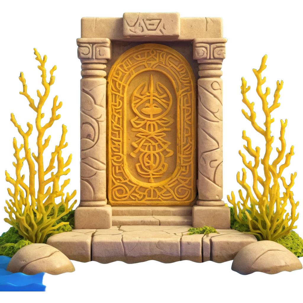 ancient Anunnaki golden underwater base, weathered stone, overgrown with seaweed, mysterious carvings emoji