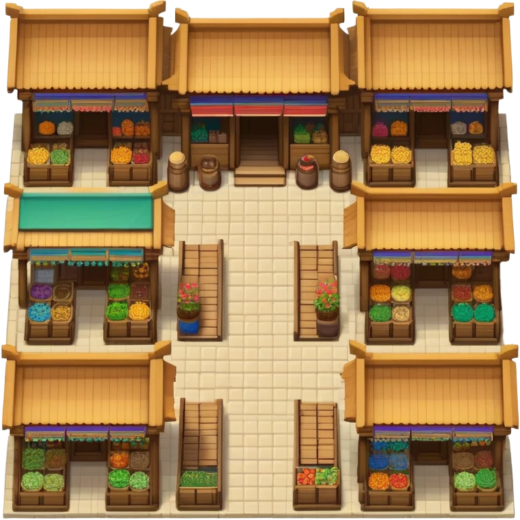 "Top-down 2D pixel-art Persian Zand Dynasty market stalls, 100% orthogonal view (like Stardew Valley), featuring:  - **Flat, fully visible roofs** with symmetrical wooden beams.  - **Front-facing shop counters** (visible from top, no perspective tilt).  - **Seamless edges**: Left/right sides must tile perfectly (use repeating patterns like brick or fabric awnings).  - **Variations**: Some stalls with open cloth shades, others with piled pottery/rugs (center-only randomness).  - **Colors**: Turquoise door frames, terracotta walls, gold accents.  - **Grid**: 32x32 pixels, game-ready." emoji