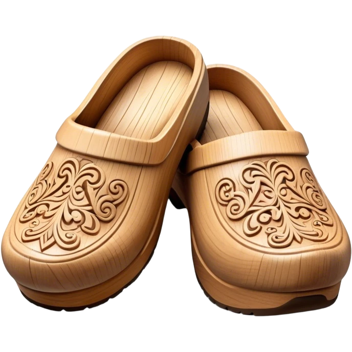 Cinematic Realistic Wooden Clogs Emoji, depicted as a pair of traditionally carved wooden clogs with intricate details and rustic charm. emoji