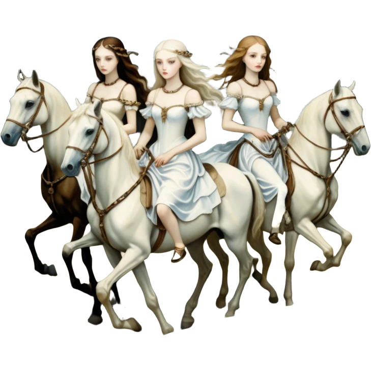 cinematic - aesthetic brilliant divine lighting, oil paint - ivory Four thin women as riders of the Apocalypse, after a graphic by Albrecht Dürer in a desolate landscape on horse skeletons emoji