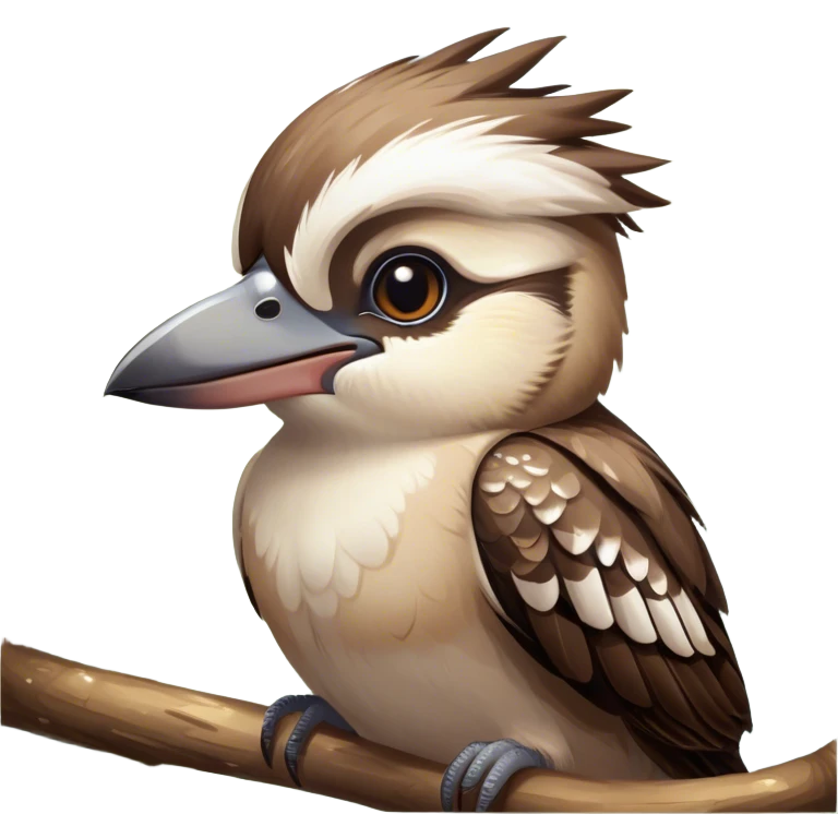 Cinematic Cute Kookaburra Portrait Emoji, Head tilted playfully and inquisitively, featuring a glossy brown plumage with subtle cream accents and a perky, expressive beak, round, sparkling eyes filled with curious mirth, Simplified yet irresistibly adorable features, highly detailed, glowing with a warm, friendly glow, high shine, affectionate and spirited, stylized with a touch of bushland whimsy, bright and endearing, soft glowing outline, capturing the essence of a mischievous yet loving kookaburra, so playful it feels like it could chuckle out of the screen into your arms! emoji