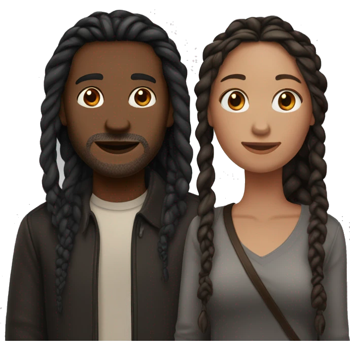 Woman and man couple, in their 40's, woman is medium dark black complexion, her hair is long black twisted braids, man is fair skinned white male with reddish hair that's medium length emoji