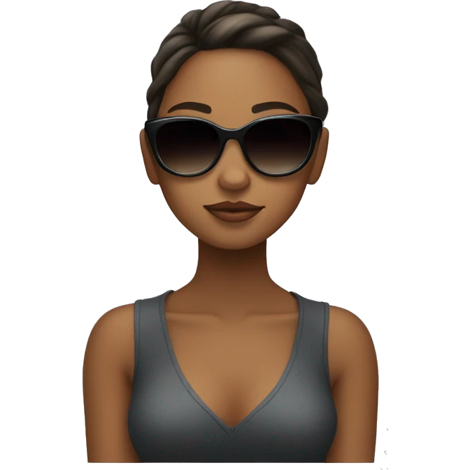 girl with charisma, aura, sunglasses, popular, siting down, leaning back, calm, cool emoji