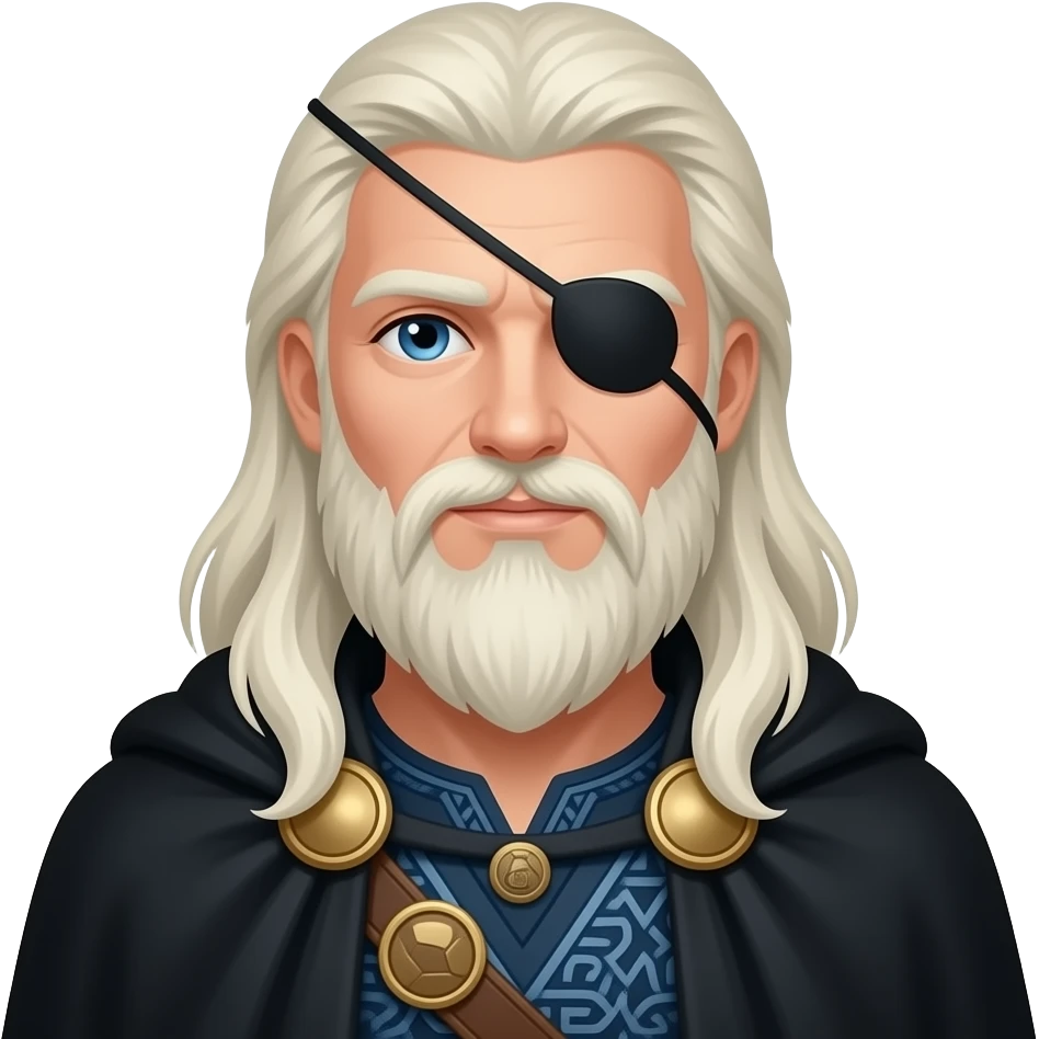 Odin from Norse Mythology with blue eyes, long white blonde bearded hair, dark blue tunic, black cloak, one black eyepatch on right side emoji