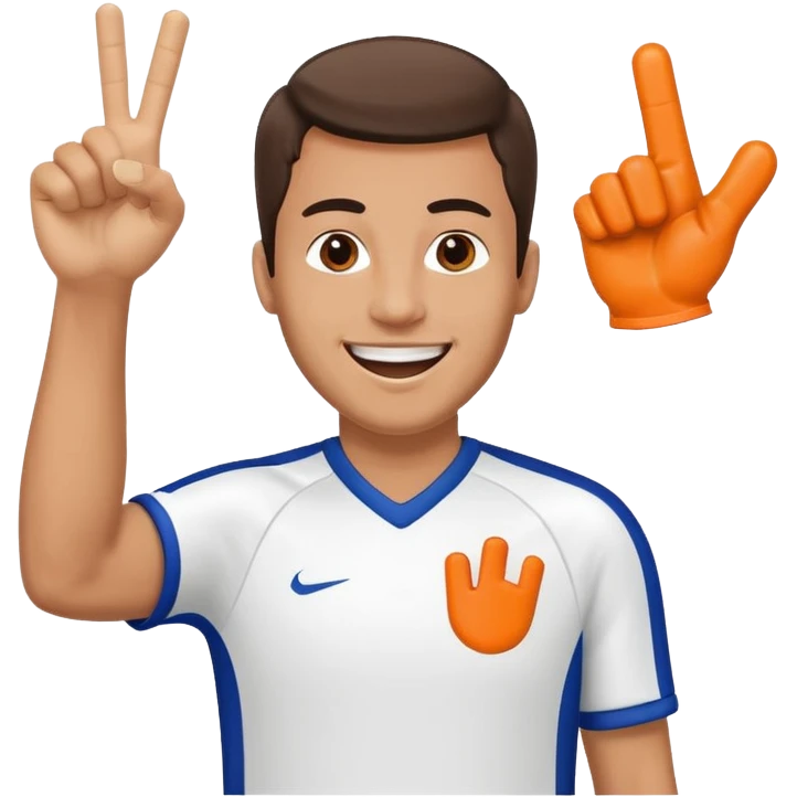 A cheerful man in a team jersey, waving a giant foam finger high with an excited grin. emoji