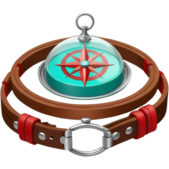 Round glass dome with turquoise-green liquid inside, red compass needle floating in center, brown wooden wrist band with metal clasps, anime cartoon style with clean line art emoji