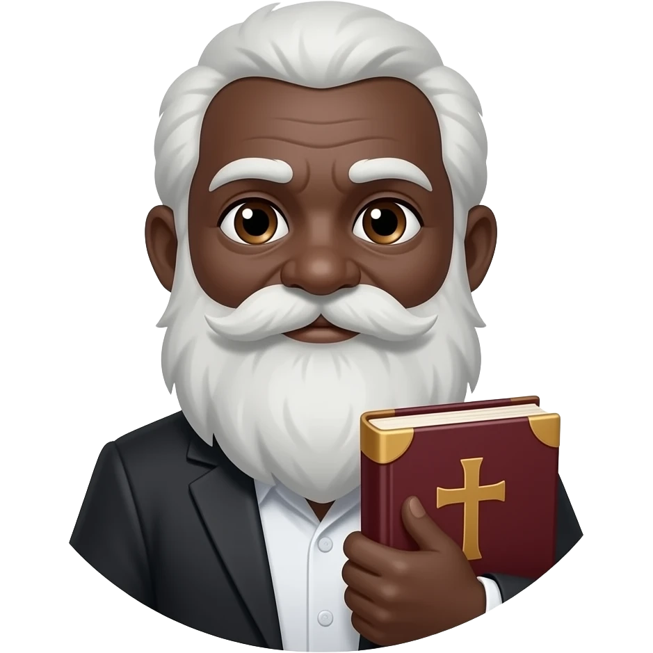 wise old man with greying white hair brown eyes white beard black skin with burgundy book that has a cross on it no circle emoji