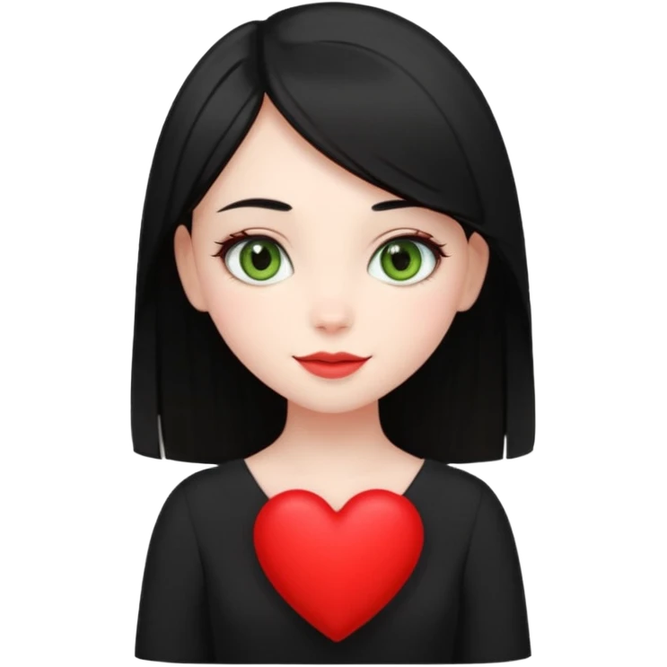 Pale girl with straight black hair and olive green eyes soft smile wearing black dress and holding a heart emoji