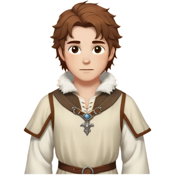medieval spring outfit worn by a DnD themed fantasy male character. cotton tunic with sleeves rolled to the elbow, featuring a light fur-lined collar for chilly mornings. clothes only above the waist. The clothes full waist. The character's haven't arms. character is white-skinned, chestnut brown hair, amber eyes, shoulder-length messy hair. emoji