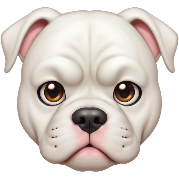 Cinematic Meme-Worthy Grumpy White American Bulldog Portrait Emoji, Head held high but eyes filled with dramatic disappointment, smooth white fur with a furrowed brow forming an unmistakable scowl, floppy ears slightly angled back in disapproval, piercing brown eyes glaring with pure exasperation, Simplified yet hilariously over-exaggerated features, highly detailed, glowing with an aura of supreme annoyance, high shine, exhausted yet judgmental, stylized with an almost regal pettiness, bright but brooding, soft glowing outline, capturing the essence of a pup that has seen it all and is thoroughly unimpressed, so meme-worthy it feels like it could instantly become the next viral sensation of grumpiness! emoji