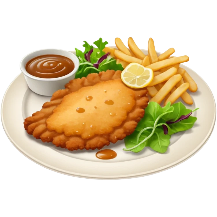 Chicken, schnitzel, salad, chips and gravy on a plate emoji