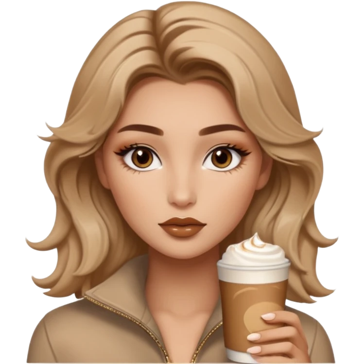 “A cozy, warm-toned emoji girl with soft bronzy eyeshadow, fluffy brows, caramel shimmer, glossy nude lips, light contour, and tousled hair — latte-inspired look.” like belle hadid emoji