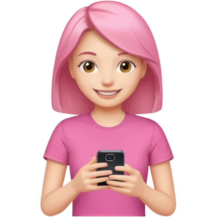 Pretty woman in pink t-shirt smiling at her phone like filming a video emoji