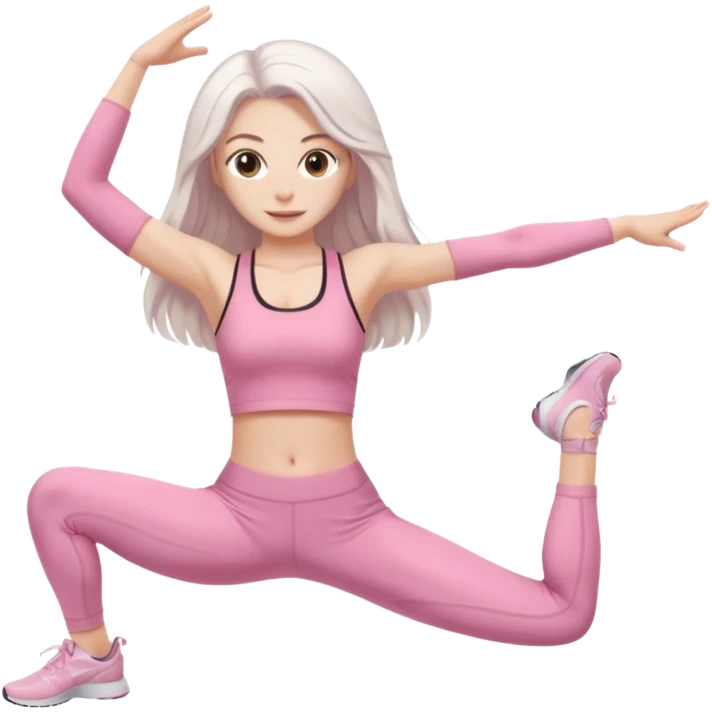 white long hair brunette girl with hazel eyes in light pink workout clothes doing the splits emoji