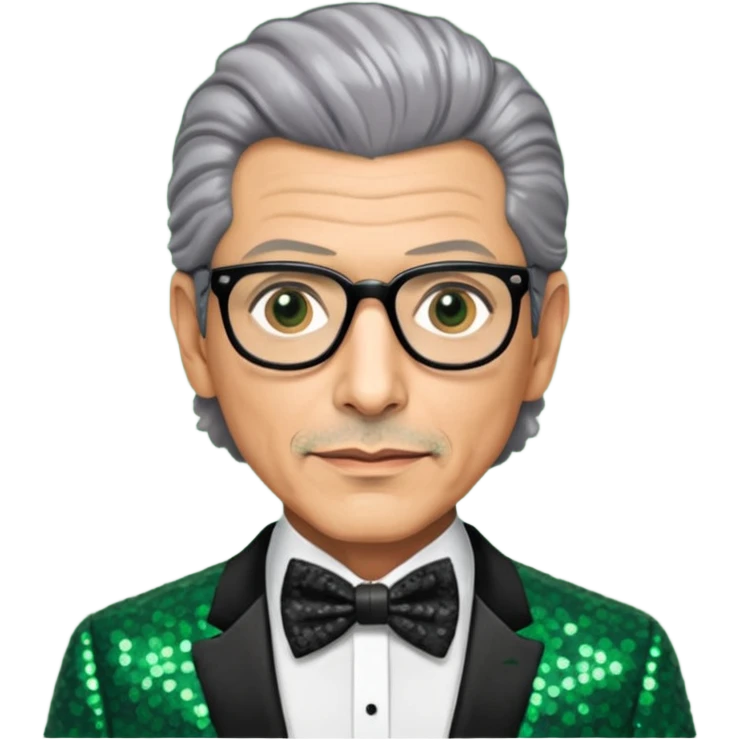 Jeff Goldblum with gray hair, dark green sequin suit with bow tie emoji