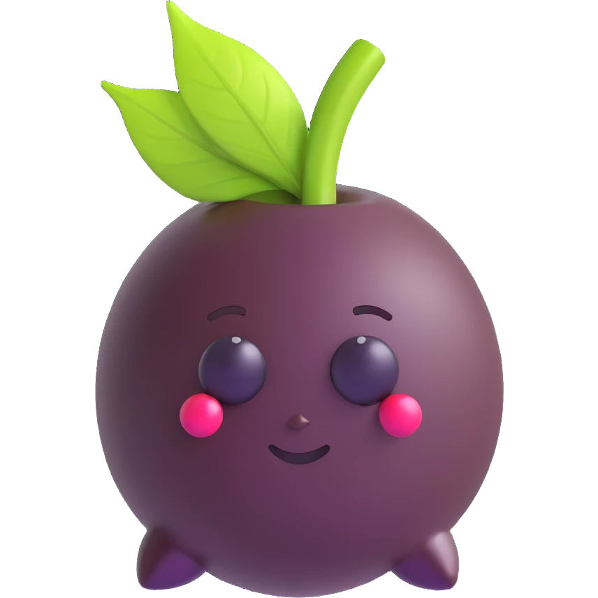 realistic emoji-style açaí berry partially dipped in chocolate like a bonbon, deep purple glossy berry, smooth realistic dark chocolate covering bottom half, small natural green leaf on top, no face, clean glossy modern emoji icon style with realistic details emoji