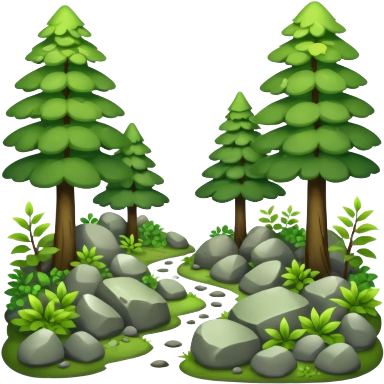 A bright forest clearing with layered bushes and scattered rocks. emoji
