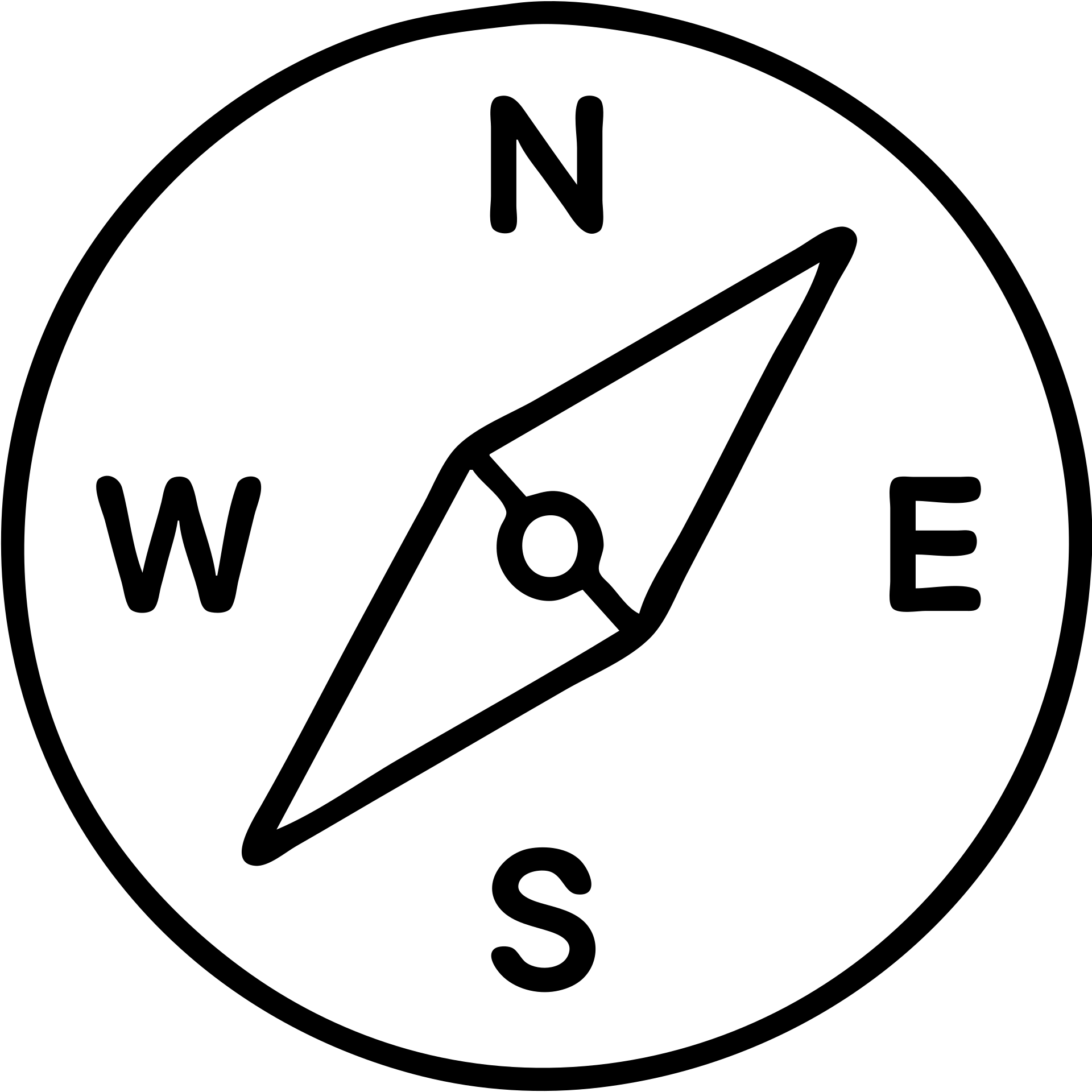 A compass with cardinal directions N, S, E, W and a directional needle emoji