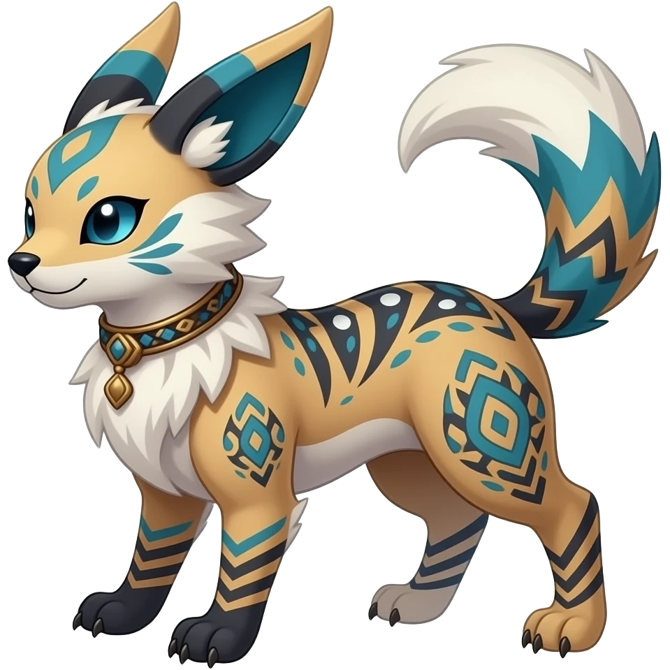Tribal-patterned aesthetic quadrupedal elegant oriental feral painted Glaceon-Litten-Luxray-Sprigatito-Furret-Sylveon-animal-Fakémon-fusion-hybrid-creature emoji