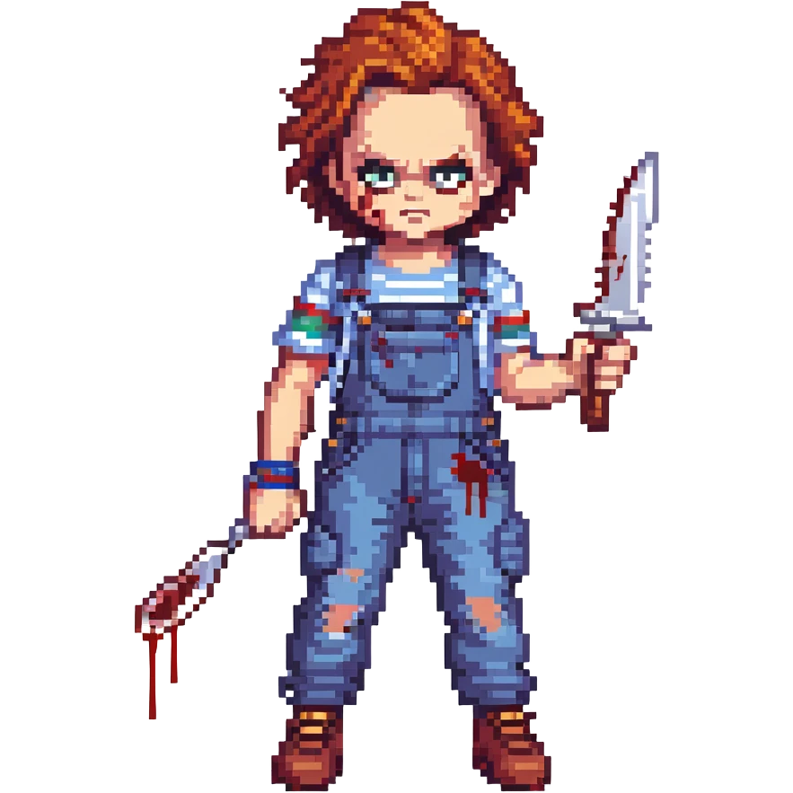 Chucky in overalls, holding a blood-stained knife, menacing pose emoji