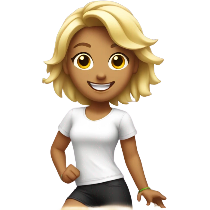 Blond smiling and dancing girl with Zumba logo on white t-shirt emoji