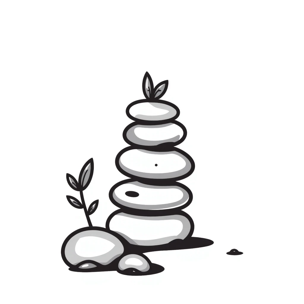 A zen-like balanced stack of smooth stones with a small plant growing beside it, representing balance and stress relief. Simple hand-drawn doodle style. emoji