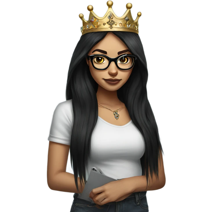 Hyperrealistic girl with black long hair wearing a crown and glasses tattoos laptop emoji