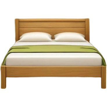 Olive green walls, wooden bed with a wooden headboard, plants hanging from ceiling, wooden closet emoji