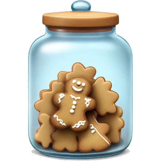 Realistic glass cookie jar with light lid full of gingerbread cookies isolated.  emoji