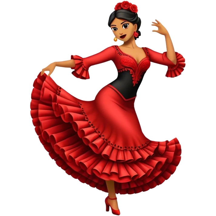 Cinematic Realistic Flamenco Dance Emoji, depicted as a passionate expressive flamenco performance with dramatic costumes and dynamic fiery movements, rendered with vibrant textures and bold energetic lighting that captures its intense rhythm. emoji