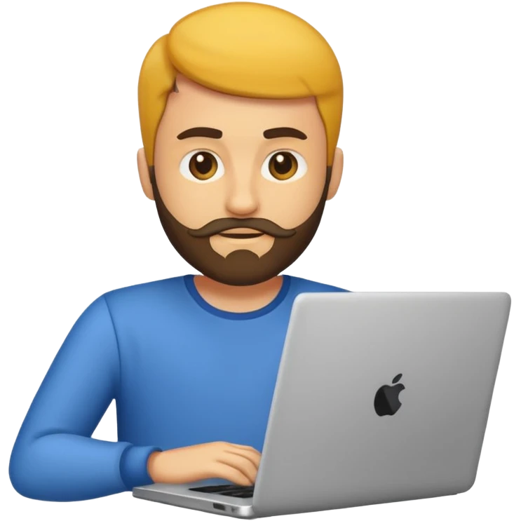 Emoji de un hombre joven con barba corta usando una laptop, estilo emoji moderno y minimalista, colores planos, líneas limpias, expresión amigable, fondo transparente. emoji