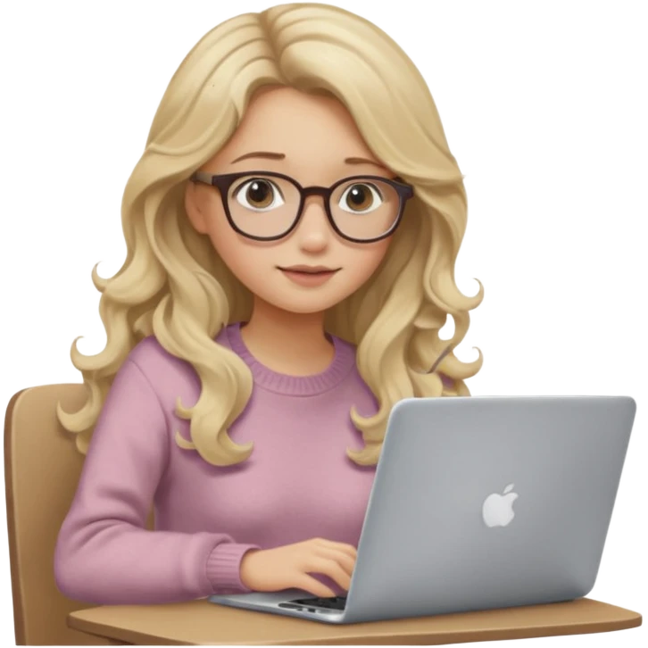 blonde girl with long dark blonde wavy hair, pantos-style glasses, a brown sweater, sitting and looking in laptop, soft pastel, upper body shot emoji
