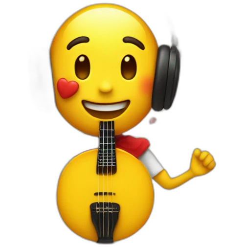 yellow emoji who has red hearts in his ears and loves music emoji