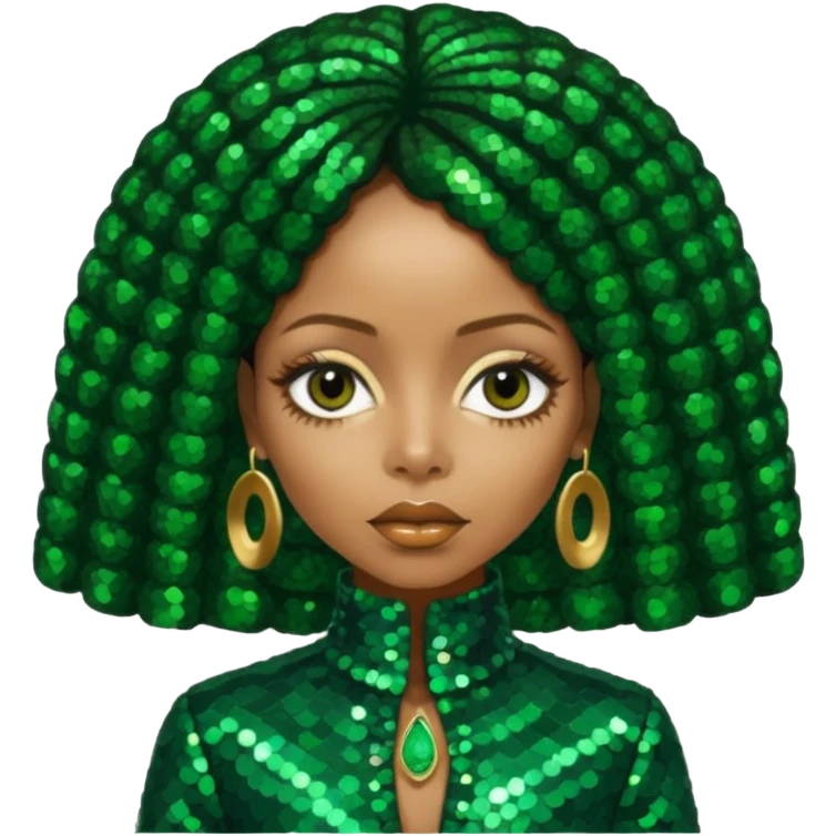 Erykah Badu with dark brown hair, dark green sequin outfit emoji