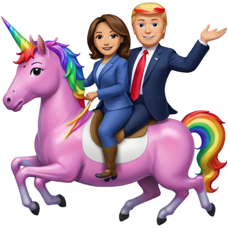Kamala Harris and donald trump riding a rainbow unicorn emoji