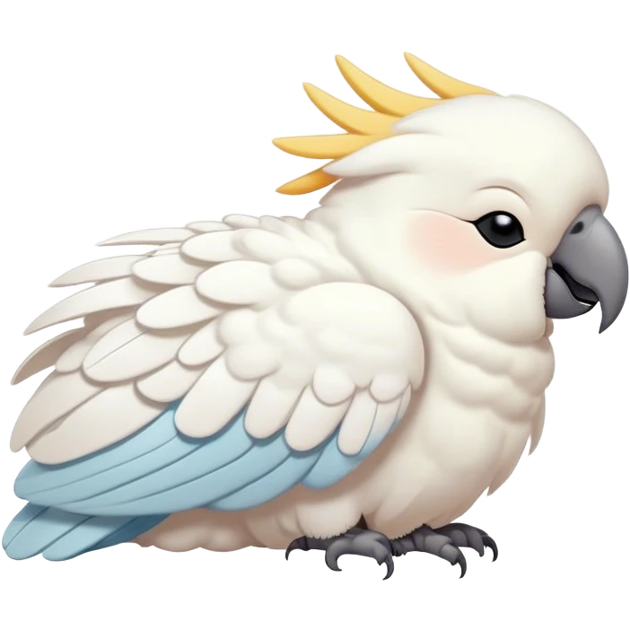 Meme-Worthy Cute Sleeping Cockatoo Portrait Emoji, Head resting peacefully with a contented smile, showcasing a softly feathered body with a gently drooping crest and eyes closed in serene slumber, Simplified yet adorably endearing features, highly detailed, glowing with a soft, drowsy tropical light, high shine, relaxed and utterly lovable, stylized with an air of playful laziness, soft glowing outline, capturing the essence of a sleeping cockatoo that feels destined to become the next viral icon of adorable rest! emoji