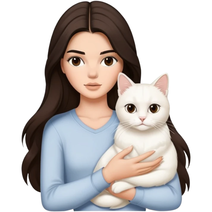 brunette Kendall Jenner with long hair holding on the hands white cat emoji